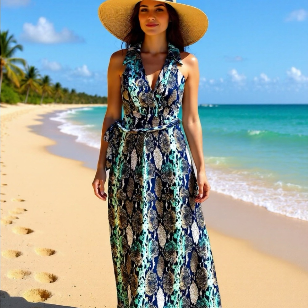 Elegant Blue and Green Maxi Dress